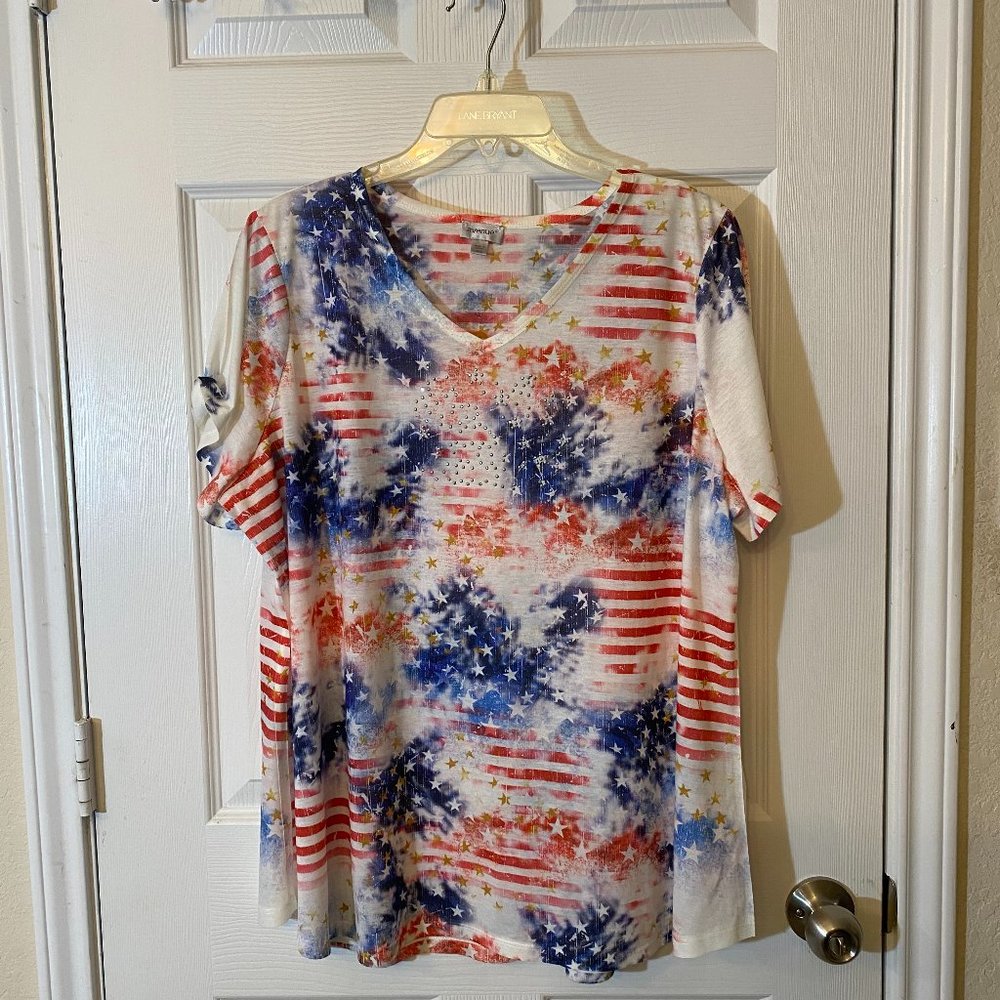 AVENUE Red, White, and Blue V-Neck Top